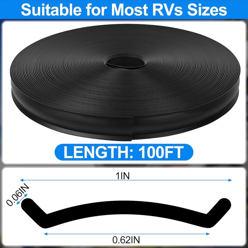 phepetroll 1" RV Trim Molding Insert, 100 FT Heavy Duty RV TPE Trim Molding Weather Stripping Exterior Replacement, Waterproof Screw Cover Corner for Camper Travel Trailer Boat Channel, Black - Image 2